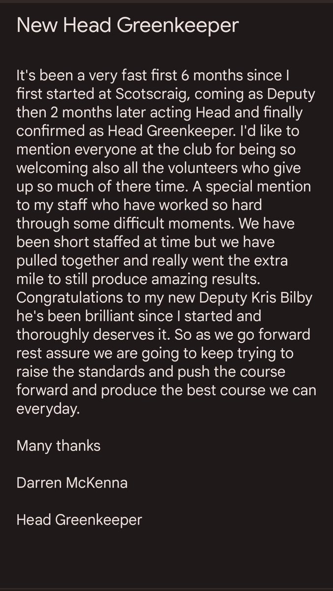 ScotscraigGKS's tweet photo. I'm officially announced as Head Greenkeeper. https://t.co/PDvbITJDbx