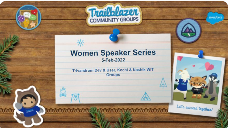 Kicking off 'Women Speaker Series' by SFDC Trivandrum Dev &amp; User, Kochi WIT &amp; Nashik WIT Groups with below sessions:

1.Bulk API custom-built tool demo
2.Getting started with Financial Services Cloud

Date: 5th Feb @ 10:30AM IST
trailblazercommunitygroups.com/events/details…