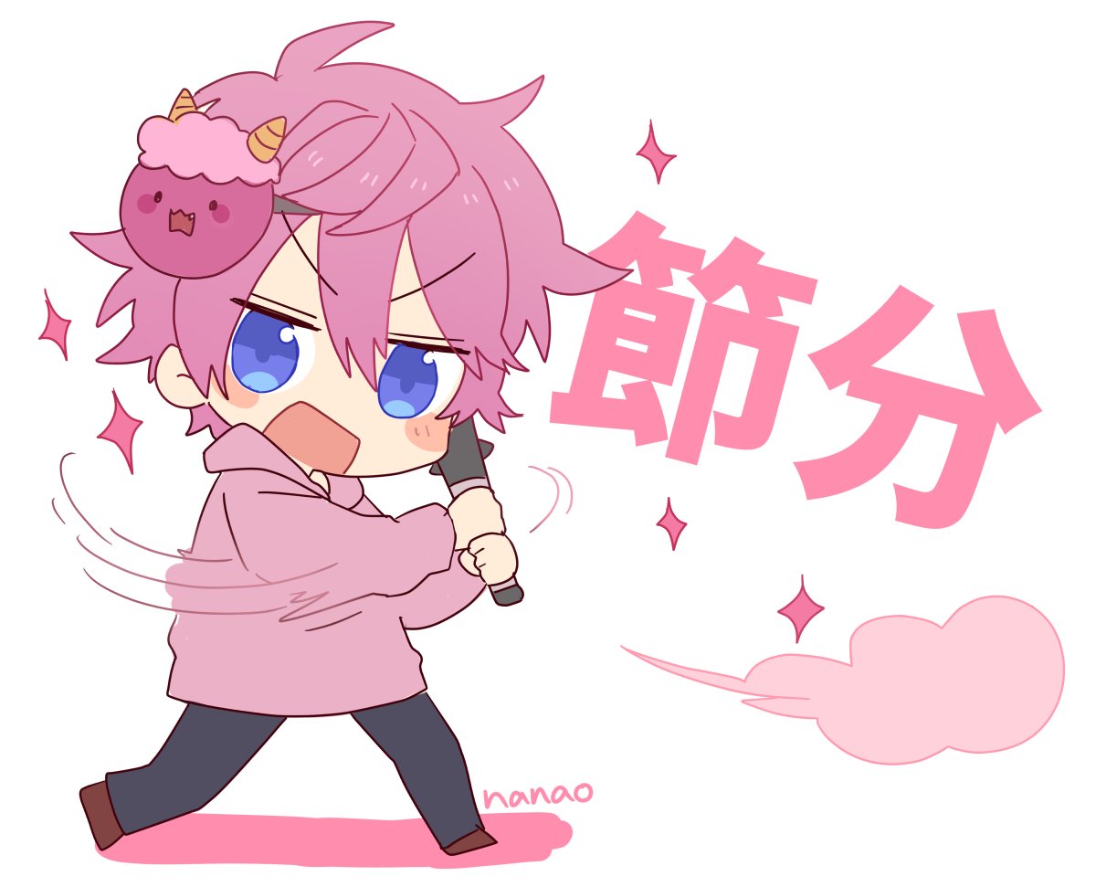 1boy blue eyes male focus pink hair mask solo chibi  illustration images