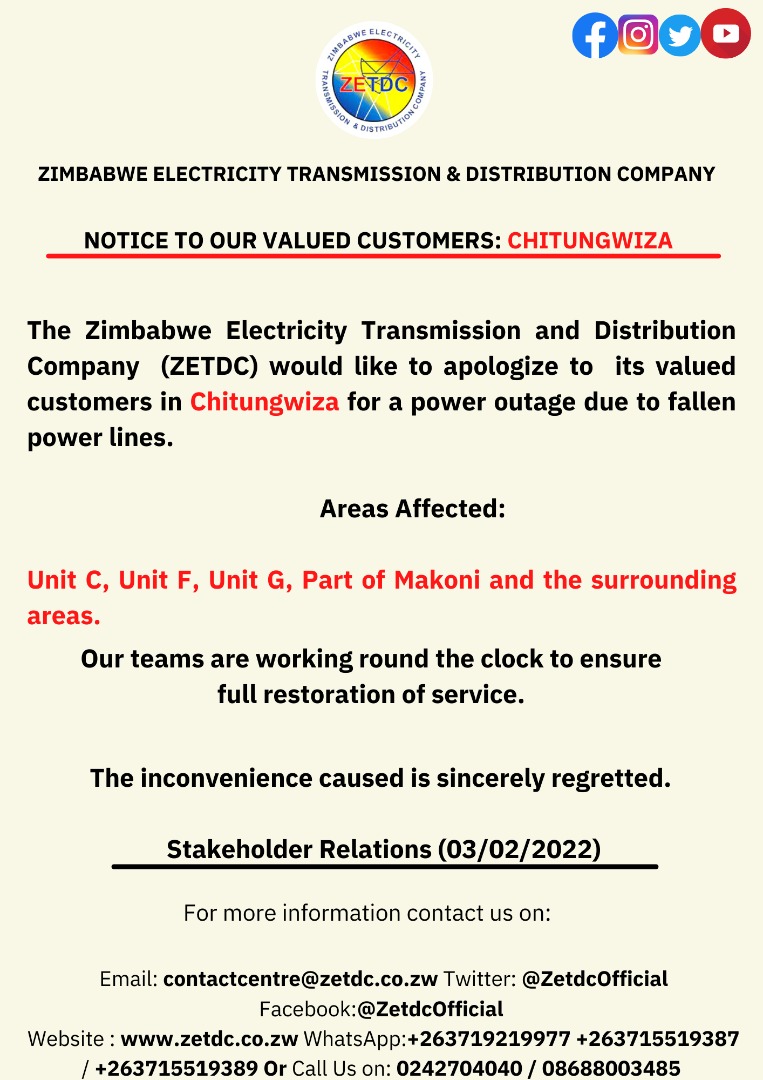 #PowerUpdate 
#Chitungwiza residents in the mentioned areas kindly take note.