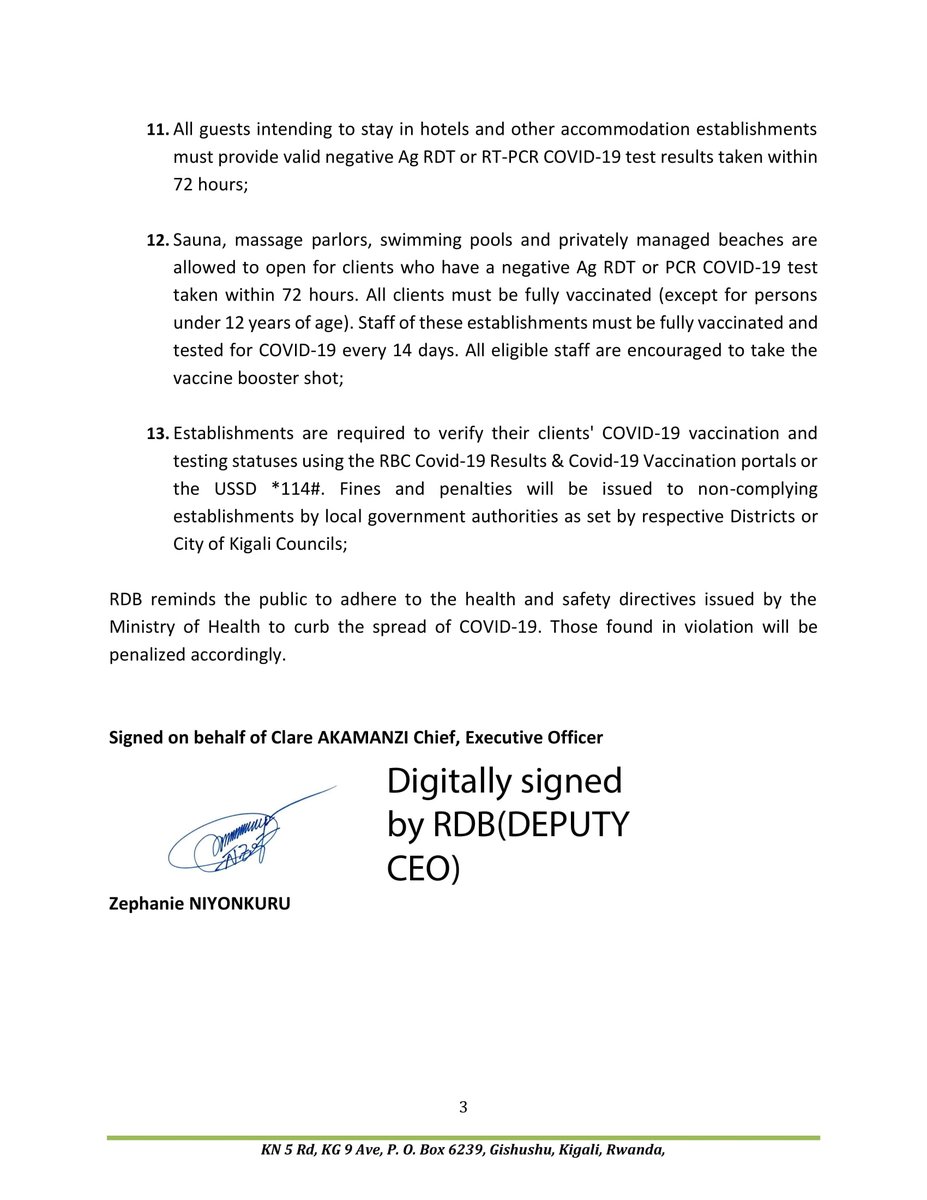 RDBrwanda's tweet photo. PUBLIC NOTICE: RDB would like to update the public on the latest guidelines for tourism, hospitality, entertainment, recreation, Meetings, Incentives, Conferences &amp; Exhibitions (MICE). https://t.co/hkd63OGHw6