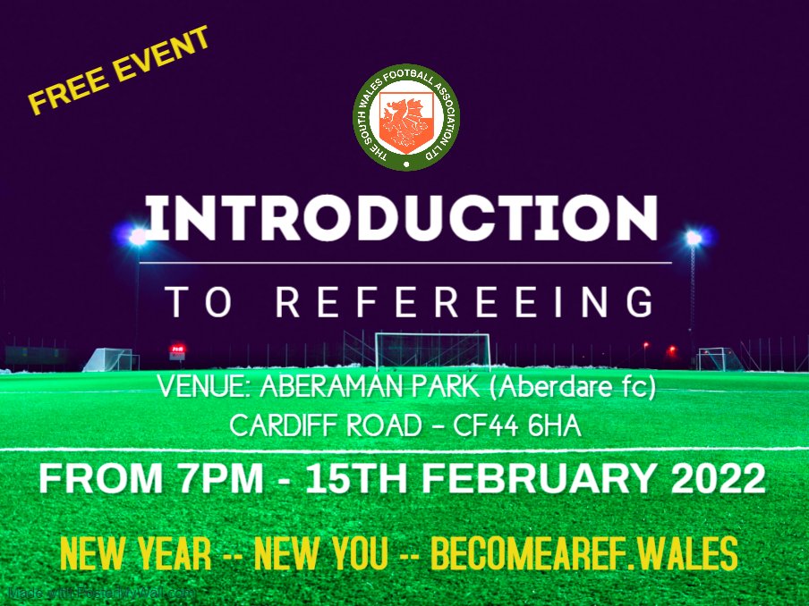 * NEW YEAR - NEW YOU - BECOMEAREF.WALES *

It's that time again where we tell you about our next referee introduction event! 

* Stay involved with the game you love!
* Get fit!
* Get paid!

becomearef.wales

THIS IS A FREE EVENT!
JUST TURN UP ON THE NIGHT!