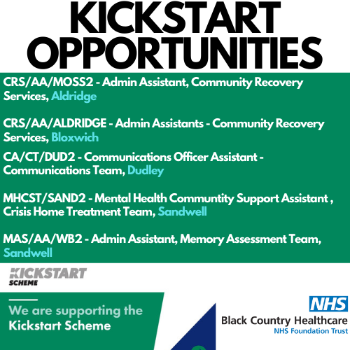 BCHjobsupport's tweet photo. New Kickstarter opportunities have just arrived! Take a look and be sure to e-mail us to get in touch 🥰

To apply for any of the placements please send an email to bhft.kickstart@nhs.net with the reference number in the subject of the email, i.e. E&amp;F/AO/DUDLEY (1/2) https://t.co/YvJKTrxh0o