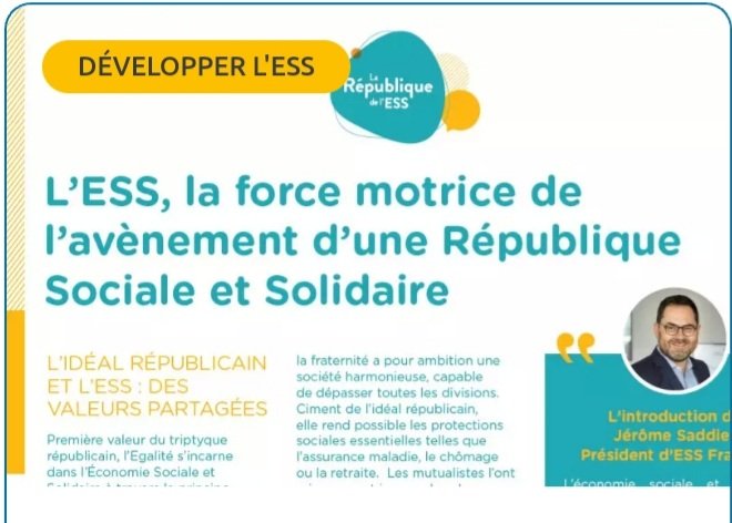 [#Ess - Fiche] <a href="/ESS_France/">ESS France</a> : Découvrez la fiche "L'#Ess, la force #motrice de l'avènement d'une #République sociale et solidaire" ➡️ ess-france.org/decouvrez-la-f… 📰 cc <a href="/jsaddierESS/">Jerome Saddier</a> ⤵️