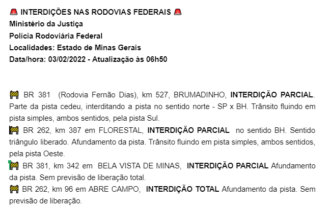 prf_mg's tweet photo. 8h00 - Atualização de locais com interdições nas Rodovias Federais em MG: Nova Era, BR 381, km 321, pista Liberada em desvio. https://t.co/b7WgwRI7Ox