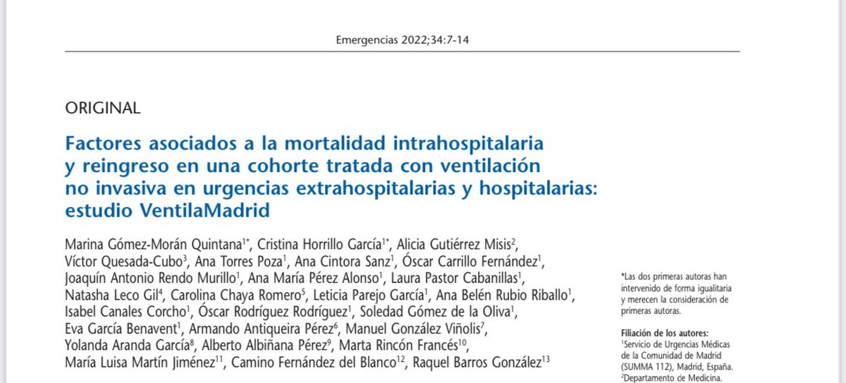 Original en <a href="/EMERGENCIAS_NET/">EMERGENCIAS</a> Factores asociados a la mortalidad intrahospitalaria y reingreso en una cohorte tratada con ventilación no invasiva en urgencias Extrahospitalarias y hospitalarias: estudio VentilaMadrid. Enlace: emergencias.portalsemes.org/descargar/fact… <a href="/SEMES_/">SEMES</a> #RINVEMER