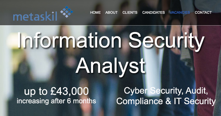 Information Security Analyst up to £43,000 - based in Hatfield, Hertfordshire For more information please visit - metaskil.com/jobs/informati…