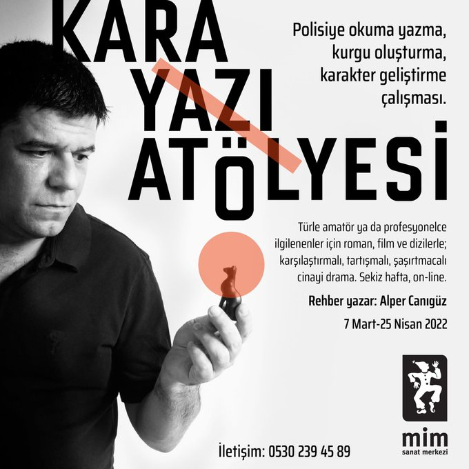 Yazar Alper Canıgüz'le  gerçekleşecek atölyede klasik ve modern polisiye roman, film ve dizilerden örneklerle türün yapısı, püf noktaları, yaratıcı dönüşümleri incelenirken, yanı sıra “özel bir karakter” geliştirme çalışması yürütülüyor. 
instagram.com/mimsanatorg
<a href="/alpercaniguz/">alper canıgüz</a>