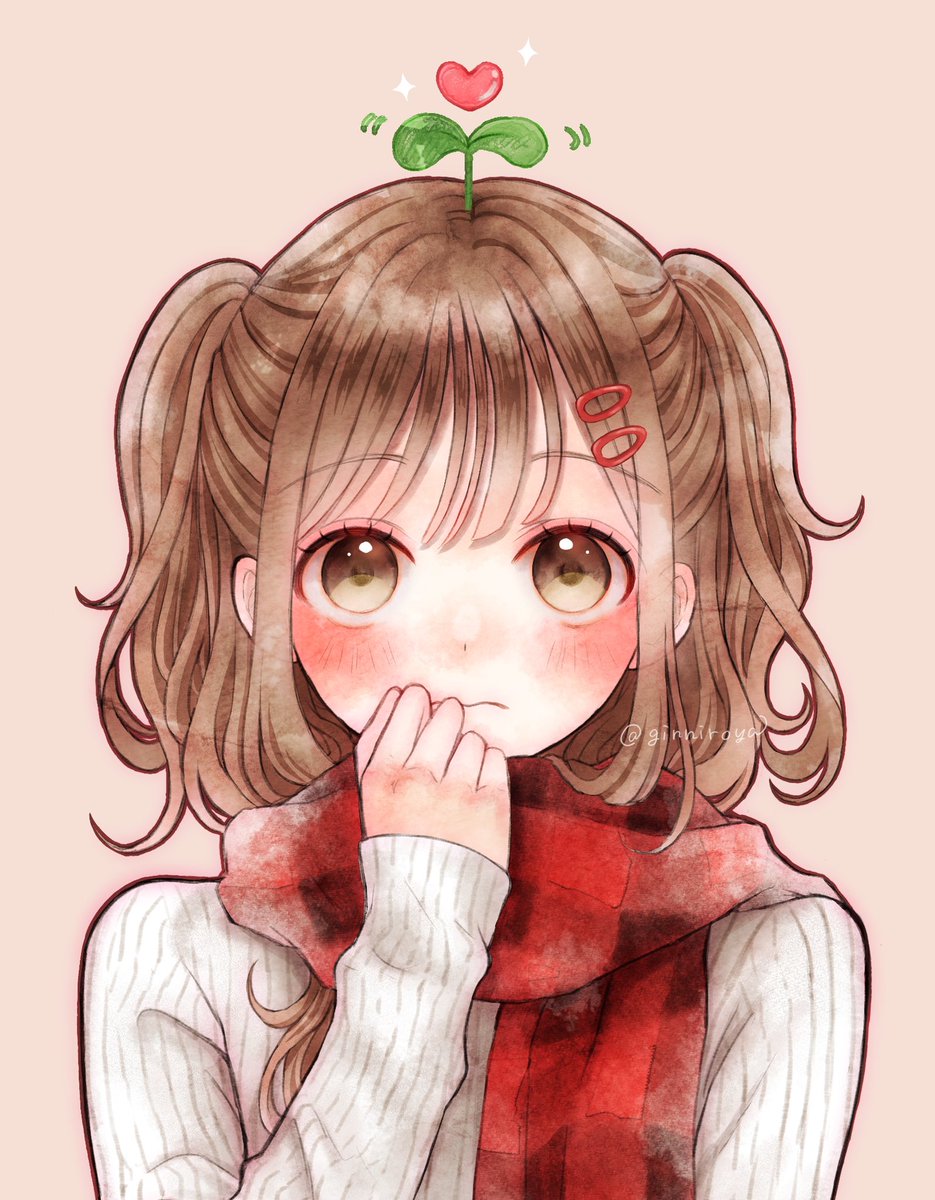 1girl solo scarf brown hair blush hair ornament sweater  illustration images