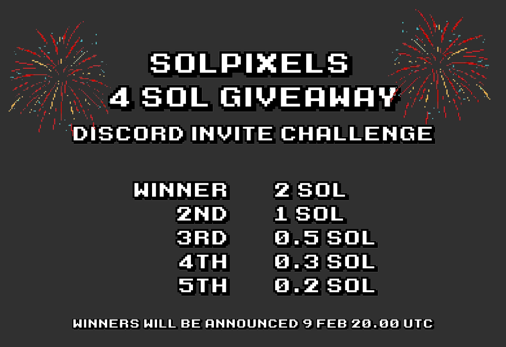 We are doing a 4 SOL give-away! 

➡️ Join our Discord and invite your friends to participate: discord.gg/NDxB44W8yC

5 Winners announced 9 Feb 20.00 UTC!