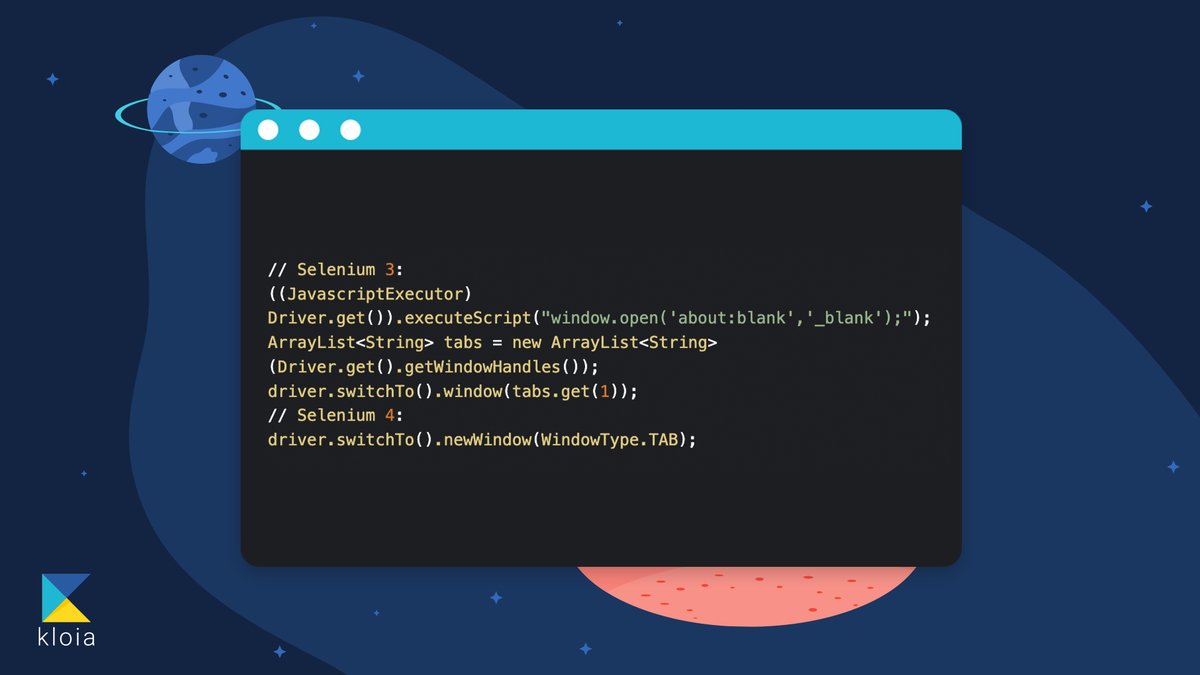 kloia_com's tweet image. Selenium 4 comes with a new API `newWindow` that allows users to create and switch to a new tab without creating a new WebDriver object.
#kloiatips #kloia #selenium4 #testautomation #kloiaqa #tips