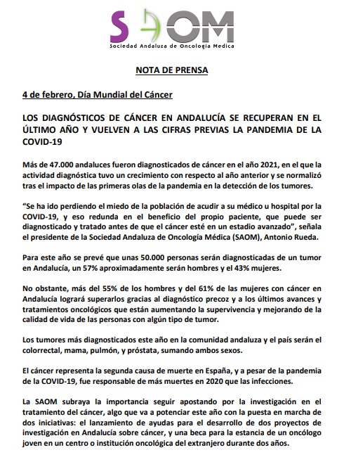 NOTA PRENSA ▶️ Más de 47.000 andaluces fueron diagnosticados de #cancer en 2021, en el que los diagnósticos se han recuperado y vuelto a las cifras prepandemia. Es clave insistir a la población en que acuda a su médico ante cualquier síntoma 👉bit.ly/3gq0GMA #DMCancer22