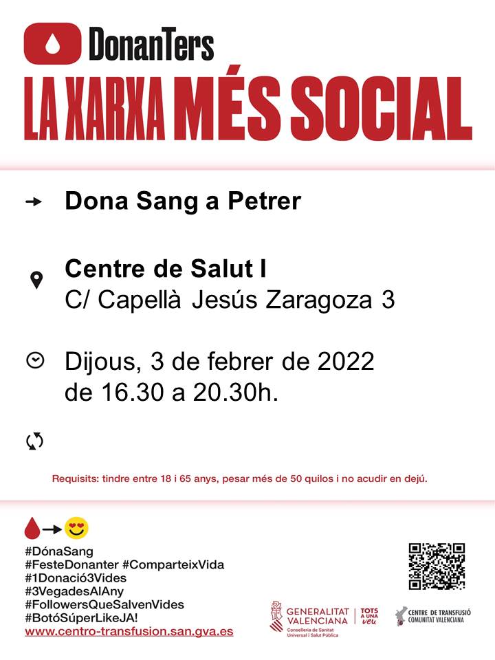 GVAdonasang's tweet photo. Donació de sang #Petrer
📅Dijous #3febrer
👉Si tens entre 18 anys i 65 anys i peses més de 50 quilos 𝒑𝒐𝒕𝒔 𝒔𝒆𝒓 𝒖𝒏 𝒅𝒆𝒍𝒔 𝟔𝟓𝟎 𝒅𝒐𝒏𝒂𝒏𝒕𝒔 𝒒𝒖𝒆 𝒉𝒖𝒊 𝒏𝒆𝒄𝒆𝒔𝒔𝒊𝒕𝒆𝒎 per a #SalvarVides https://t.co/cMQoXkolau