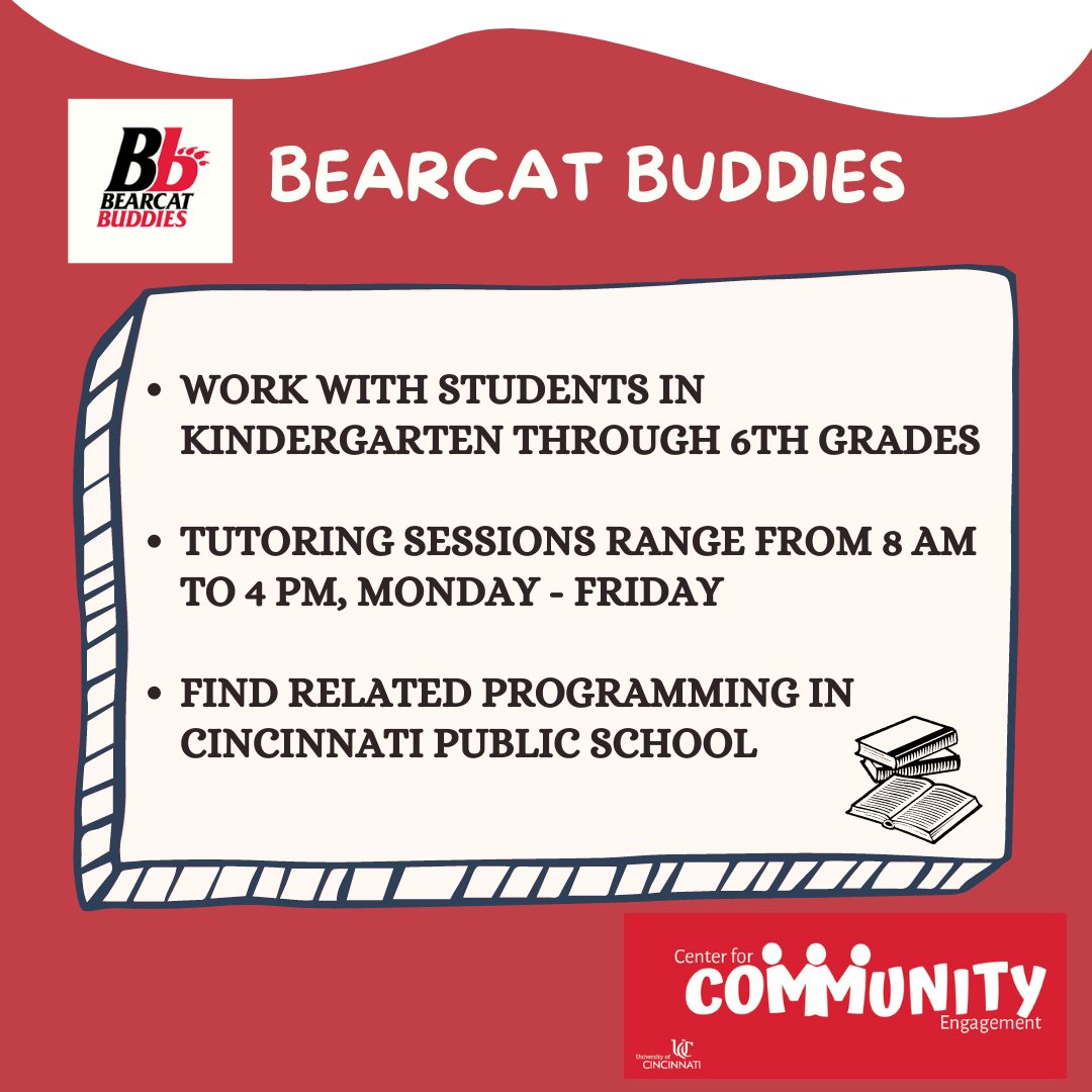 Are you looking for volunteer opportunities?

Students interested in serving as volunteer tutors and helping Cincinnati Public Schools' children achieve academic success should consider becoming a Bearcat Buddy.

Pre-registration for Fall 2022 Bearcat Buddies is now open!