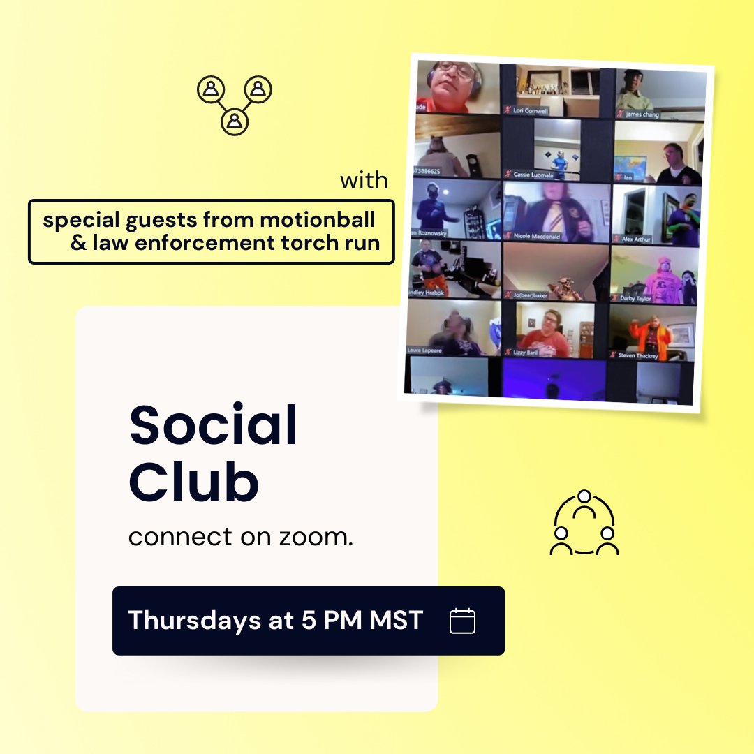 Social Club is back Thursdays from 5-6 p.m. MT starting on February 10. 

Special Olympics athletes from across the country are invited to join us, <a href="/AlbertaLETR/">AB LETR</a> officers, and our friends at <a href="/motionballYEG/">motionball Edmonton</a> and <a href="/motionballyyc/">motionball Calgary</a>! 

Register for every session: bit.ly/3GcTjmo