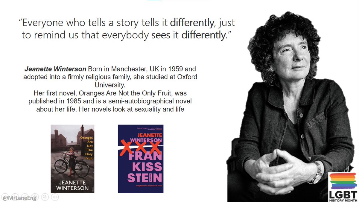 We're celebrating author Jeanette Winterson today, noted for her quirky, unconventional, and often comic novels!
Its important during this month, and any month in fact, to celebrate famous LGBTQ+ writers, poets and playwrights during LGBTQ+ History Month! 🏳️‍🌈
3/2/22