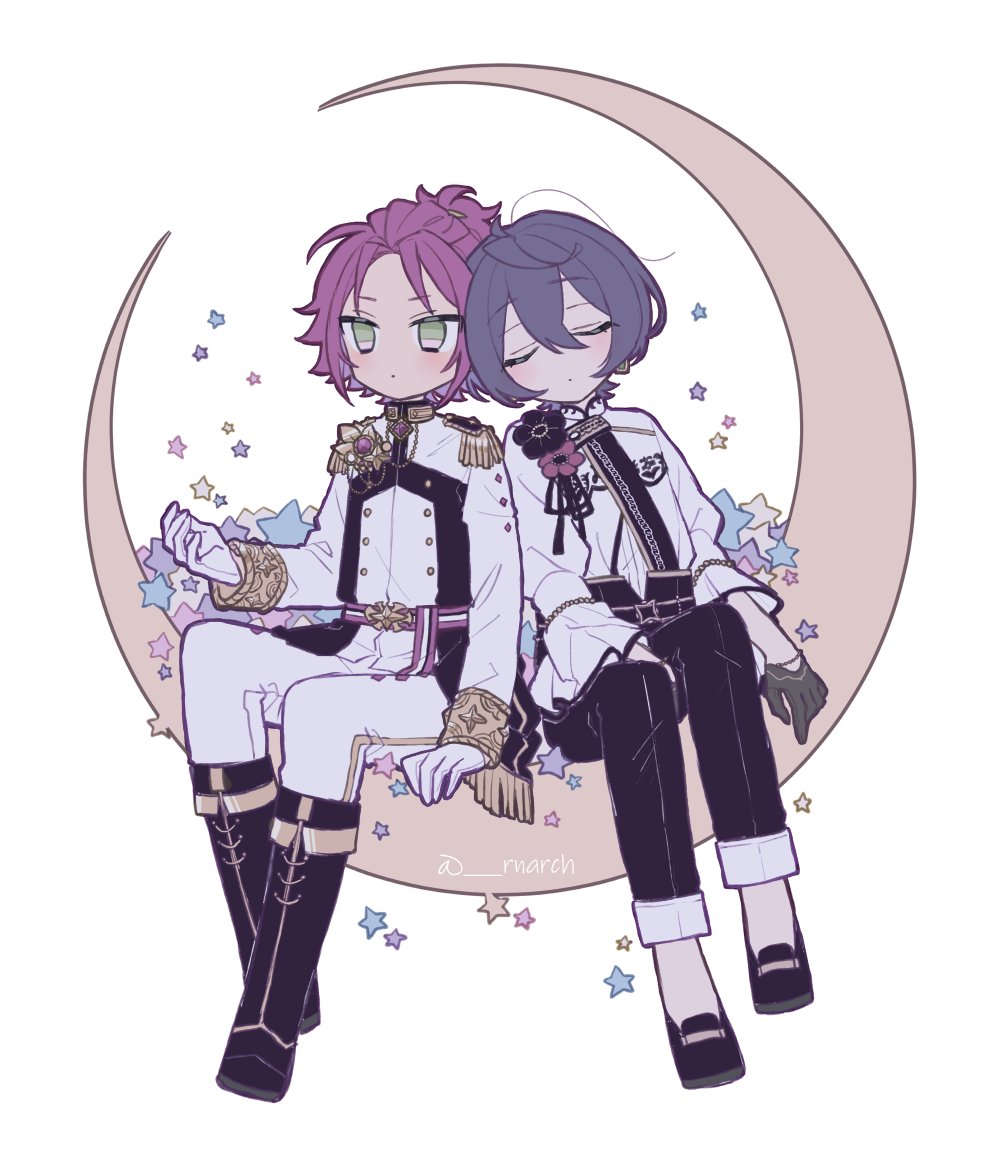 2boys multiple boys epaulettes male focus gloves purple hair green eyes  illustration images