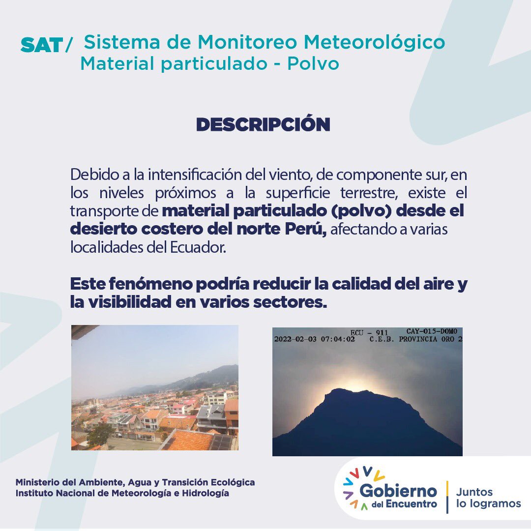 inamhi_ec's tweet photo. Debido a la intensificación del #viento desde el sur, existe el transporte de #materialparticulado (polvo) desde el desierto costero del norte Perú, afectando a varias localidades del sur del #Ecuador.

Mantenerse informado por fuentes oficiales
@Riesgos_Ec @ComunicacionEc https://t.co/R5zMAfSl2W
