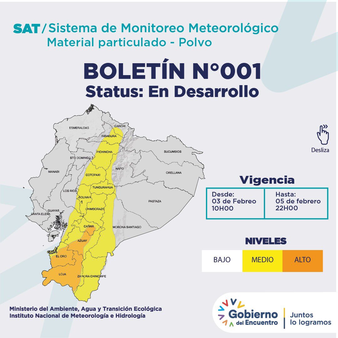 inamhi_ec's tweet photo. Debido a la intensificación del #viento desde el sur, existe el transporte de #materialparticulado (polvo) desde el desierto costero del norte Perú, afectando a varias localidades del sur del #Ecuador.

Mantenerse informado por fuentes oficiales
@Riesgos_Ec @ComunicacionEc https://t.co/R5zMAfSl2W