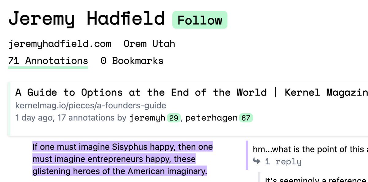 This is now done! Easily follow people's Hypothesis web annotations with just one click.

You'll get one email per day with the stuff they're thinking about (other options are once or twice per week).

annotations.lindylearn.io/join