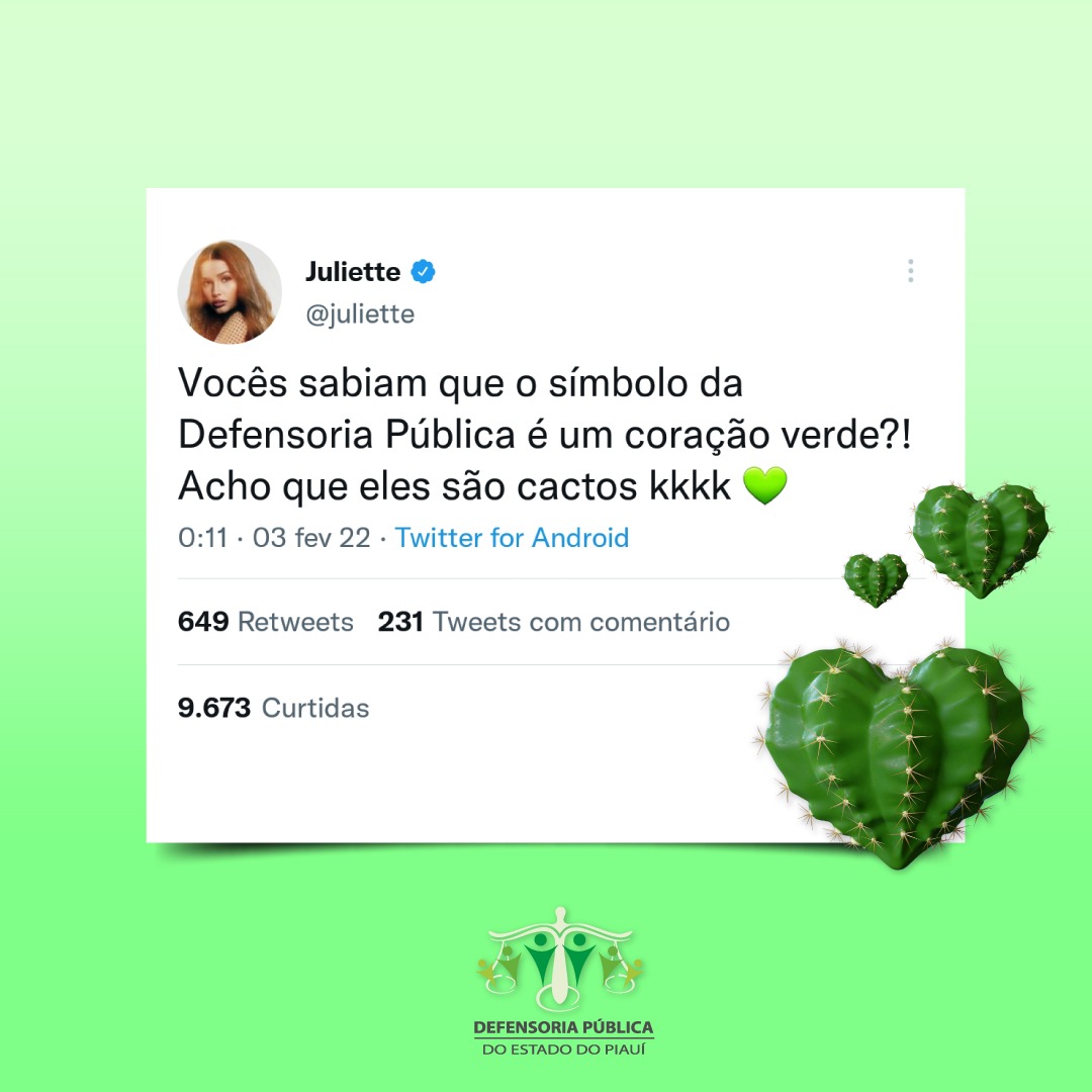 defensoriapiaui's tweet photo. 🌵 💚 A ex-BBB Juliette Freire usou seu Twitter, nesta quarta-feira (03/02) para falar sobre um dos principais símbolos de nossa instituição, o coração verde.
💚 Para nós, o verde representa força, proteção e resistência.
#DefensoriaSIM #DPEPI #Piauí #Defensoria #Cacto https://t.co/cWwGQhGn1D