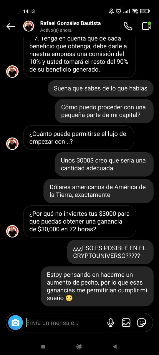 Dranrap93's tweet photo. ATENCIÓN POR FAVOR LA CONVERSACIÓN QUE TUVE CON UN TIPO (Suplantaba la identidad de otra persona) QUE INTENTÓ TIMARME CON CRIPTOMONEDAS. https://t.co/UpjvDut81P