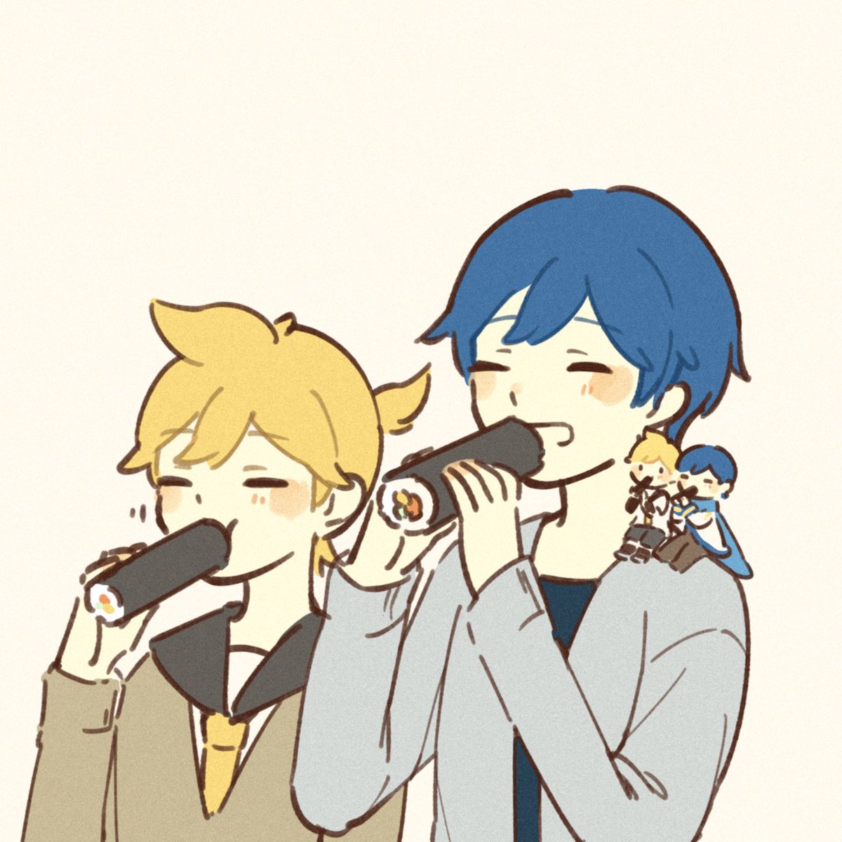 kagamine len ,kaito (vocaloid) makizushi sushi food multiple boys blonde hair ehoumaki blue hair  illustration images