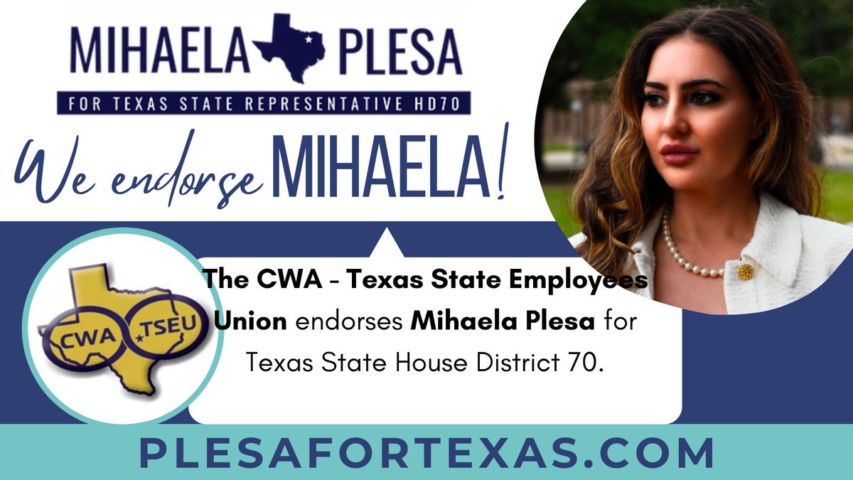 plesafortexas's tweet photo. As a state employee and union member, I gratefully accept the @CWA6186 - Texas State Employee Union's endorsement for my campaign for Texas #HD70. Together, we can bring change to Texas! #PlesaforHD70 #TSEU https://t.co/CM6oyV6Rzj