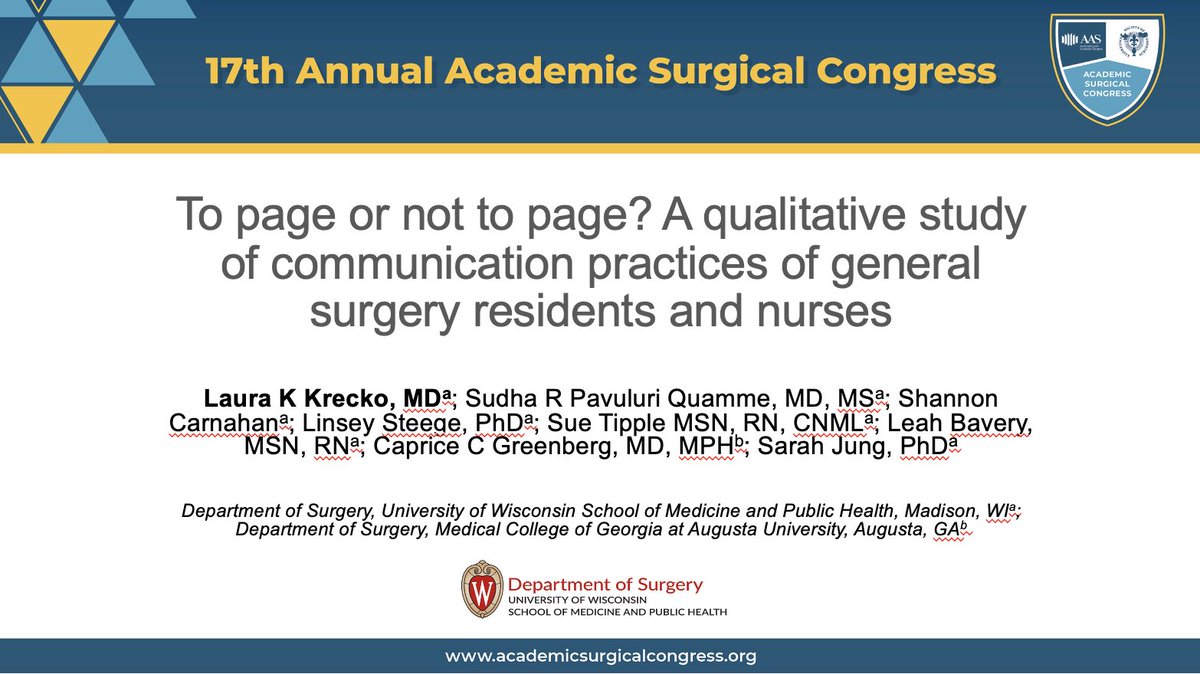 Laura Krecko, MD (@laurakrecko) on Twitter photo We explored barriers to inpatient communication between surgery residents & nurses and identified areas in need of change (to improve patient AND provider well-being)! Virtually presenting today <a href="/AcademicSurgery/">Assoc4AcademicSurgery</a>! Thankful for my <a href="/WiscSurgery/">UW-Madison Department of Surgery</a> team #ASC2022 We explored barriers to inpatient communication between surgery residents & nurses and identified areas in need of change (to improve patient AND provider well-being)! Virtually presenting today <a href="/AcademicSurgery/">Assoc4AcademicSurgery</a>! Thankful for my <a href="/WiscSurgery/">UW-Madison Department of Surgery</a> team #ASC2022
