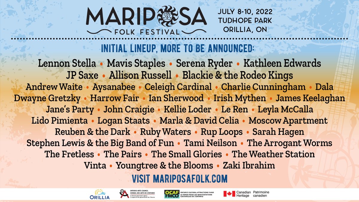 mariposafolk's tweet image. MARIPOSA FOLK FESTIVAL ANNOUNCES THE FIRST WAVE OF ARTISTS FOR 2022
.....
MAVIS STAPLES, SERENA RYDER, LENNON STELLA, JP SAXE, ALLISON RUSSELL, KATHLEEN EDWARDS, BLACKIE &amp;amp; THE RODEO KINGS + 33 MORE

TICKETS ARE ON SALE NOW
mariposafolk.com/what-goes-on/g…