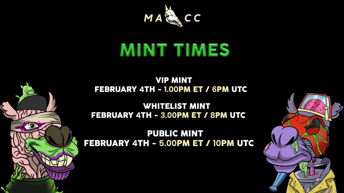 Minting Times 🐫

VIP: February 4th - 1PM EST /  6PM UTC

Whitelist: February 4th - 3PM EST / 8PM UTC

Public: February 4th - 5PM EST / 10PM UTC

Tag a friend for a chance to win a Whitelist Spot. discord.gg/mwSQNP4Mfx  #NFTCommmunity #nftart #nftcollector #NFTCollection