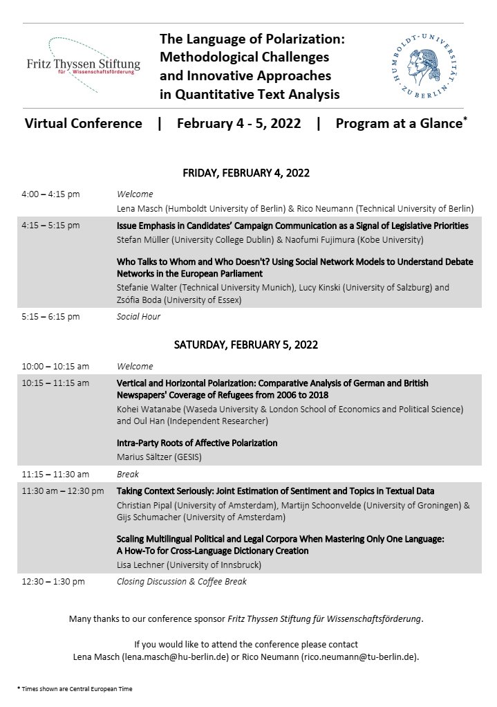 Lena Masch (@lenamasch) on Twitter photo 💻You can still register for the short conference on the language of polarization, Feb 4-5! Exciting research ahead by <a href="/ste_mueller/">Stefan M | @stefanmueller.bsky.social</a>
<a href="/SteWalter/">Stefanie Walter</a> @Lucy_Kinski
@zsoboda <a href="/koheiw7/">Kohei Watanabe</a> <a href="/marius_saeltzer/">Marius Sältzer</a> <a href="/christianpipal/">Christian Pipal</a>
@hjms @GijsSchumacher <a href="/__lisalechner__/">Lisa Lechner</a>
📝Sign up
forms.gle/phqLwC4hNt4phb… 💻You can still register for the short conference on the language of polarization, Feb 4-5! Exciting research ahead by <a href="/ste_mueller/">Stefan M | @stefanmueller.bsky.social</a>
<a href="/SteWalter/">Stefanie Walter</a> @Lucy_Kinski
@zsoboda <a href="/koheiw7/">Kohei Watanabe</a> <a href="/marius_saeltzer/">Marius Sältzer</a> <a href="/christianpipal/">Christian Pipal</a>
@hjms @GijsSchumacher <a href="/__lisalechner__/">Lisa Lechner</a>
📝Sign up
forms.gle/phqLwC4hNt4phb…