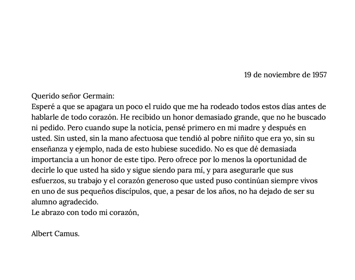 El tuitazo #SalarioJustoYA también es por el salario de las maestras. 

Hay una carta que para mí resume con maestría el valor de la educación en la vida de una persona, la escribió Albert Camus a su maestro de primaria tras recibir el Nobel de Literatura💗