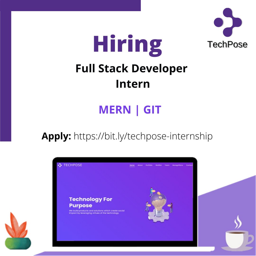 techposeindia's tweet photo. Looking for passionate MERN Stack Developers for our Internship program.

Interested folks can apply on: https://t.co/PpsAbMHJBR

#internship #mernstack #mernstackdeveloper  #mern #students https://t.co/895hDLUeRA