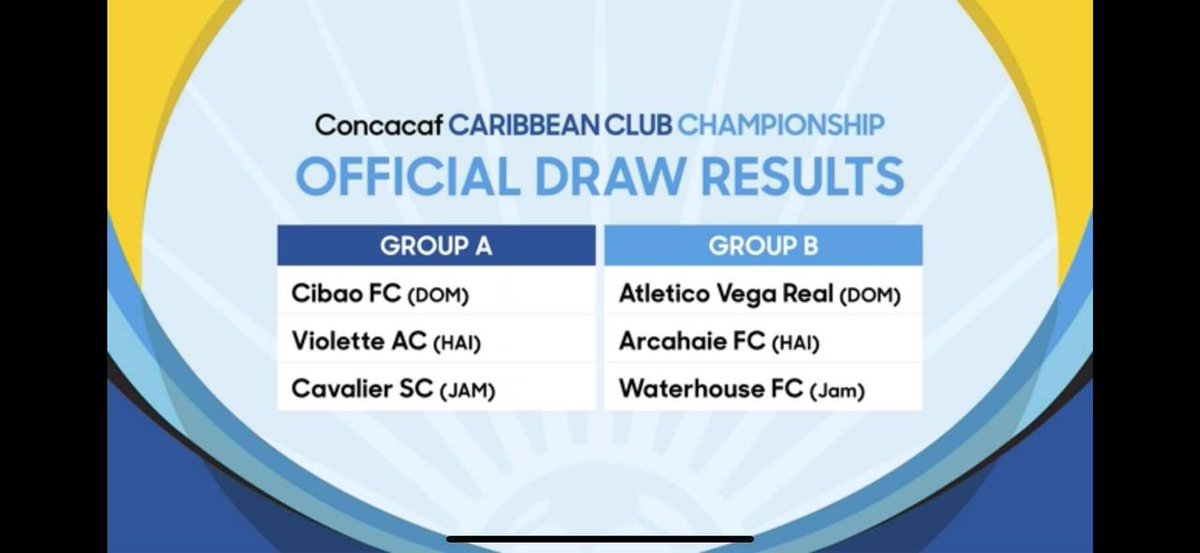 FootHaitiData's tweet photo. La Concacaf a réalisé ce jeudi le tirage au sort de l’édition du CFU Championship, les clubs haïtiens qui prendront part à cette compétition qui se déroulera du 13 au 25 mai en Rép.  Dominicaine.

Le Violette  AC et l'Arcahaie FC figurent respectivement dans le groupe A et B. https://t.co/n2NBv0Xwvt