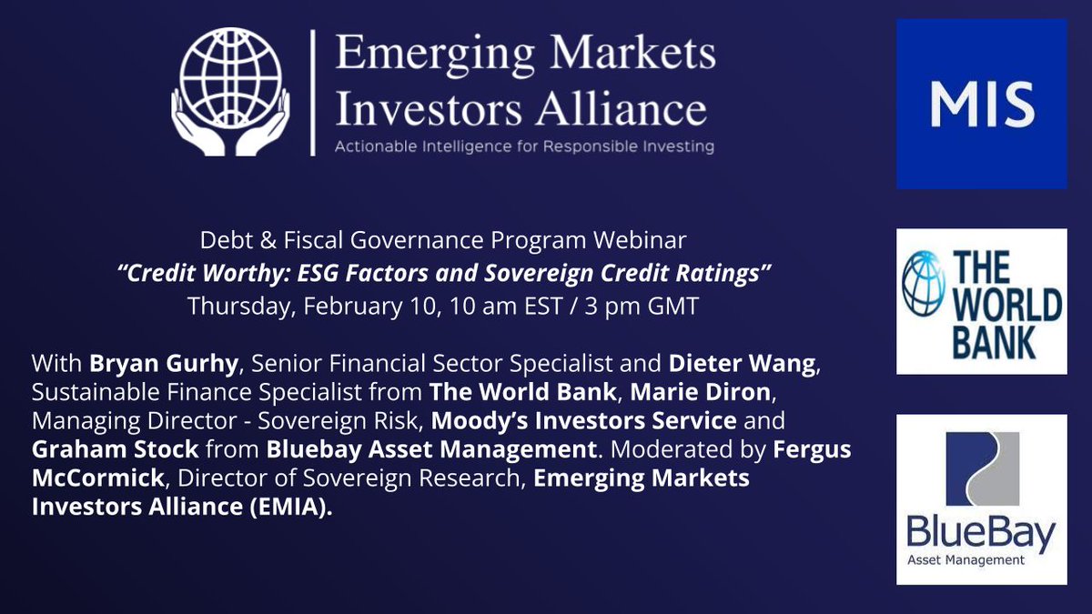 How #ESG factors reflect in sovereign credit ratings? This is the topic of our next webinar with Bryan Gurhy and Dieter Want from <a href="/WorldBank/">World Bank</a>, Marie Diron from <a href="/MoodysInvSvc/">MOODY RATING HACKED only testing</a> and Graham Stock from <a href="/BlueBayAM/">RBC BlueBay Asset Management’</a>.
The event is for financial professionals only. us02web.zoom.us/webinar/regist…