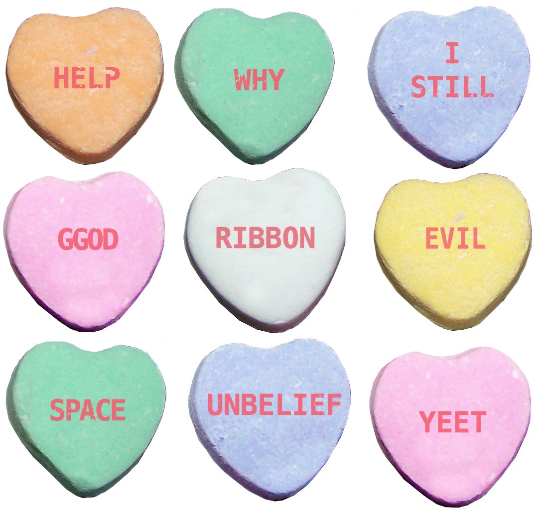 GPT-3 DaVinci is the biggest neural net I've used, and I decided to give it a try at generating candy hearts.

It generally made them too long, but generated some short enough to be plausible for candy hearts, if not for the note of existential despair.
aiweirdness.com/okay-gpt-3-can…