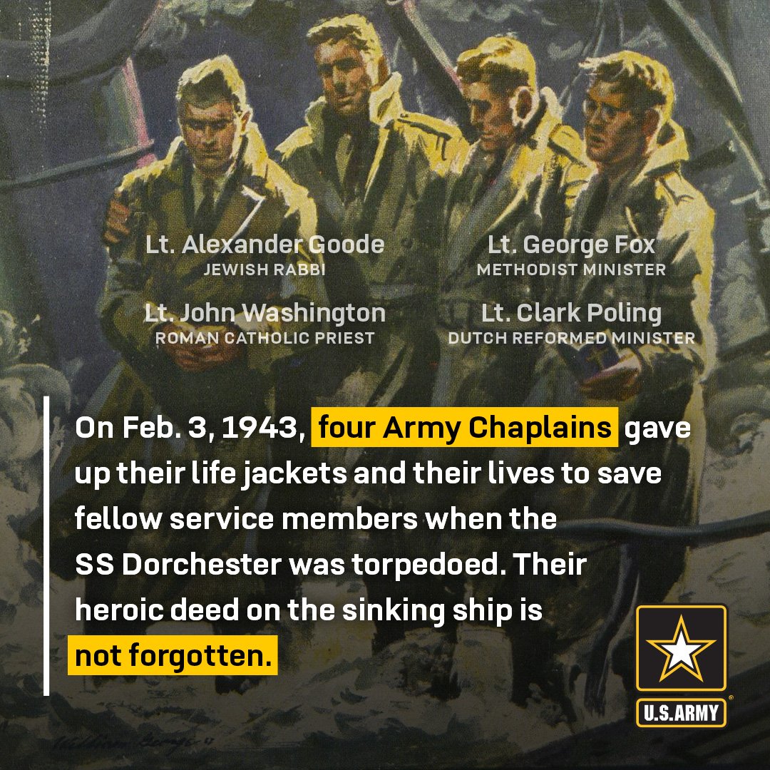 #February 3rd, is a day of remembrance known as Four Chaplains Day. Four #ARMY #chaplains sacrificed their own lives to save the lives of their fellow service members during #WWII. @iiicorps_cg <a href="/FORSCOM/">FORSCOM 🇺🇸</a> <a href="/ArmyChaplains/">Army Chaplain Corps</a> <a href="/DeptofDefense/">Department of Defense 🇺🇸</a> <a href="/ArmyHistory/">Army</a> <a href="/WWIIhistorynet/">World War II History</a> #FourChaplainsDay