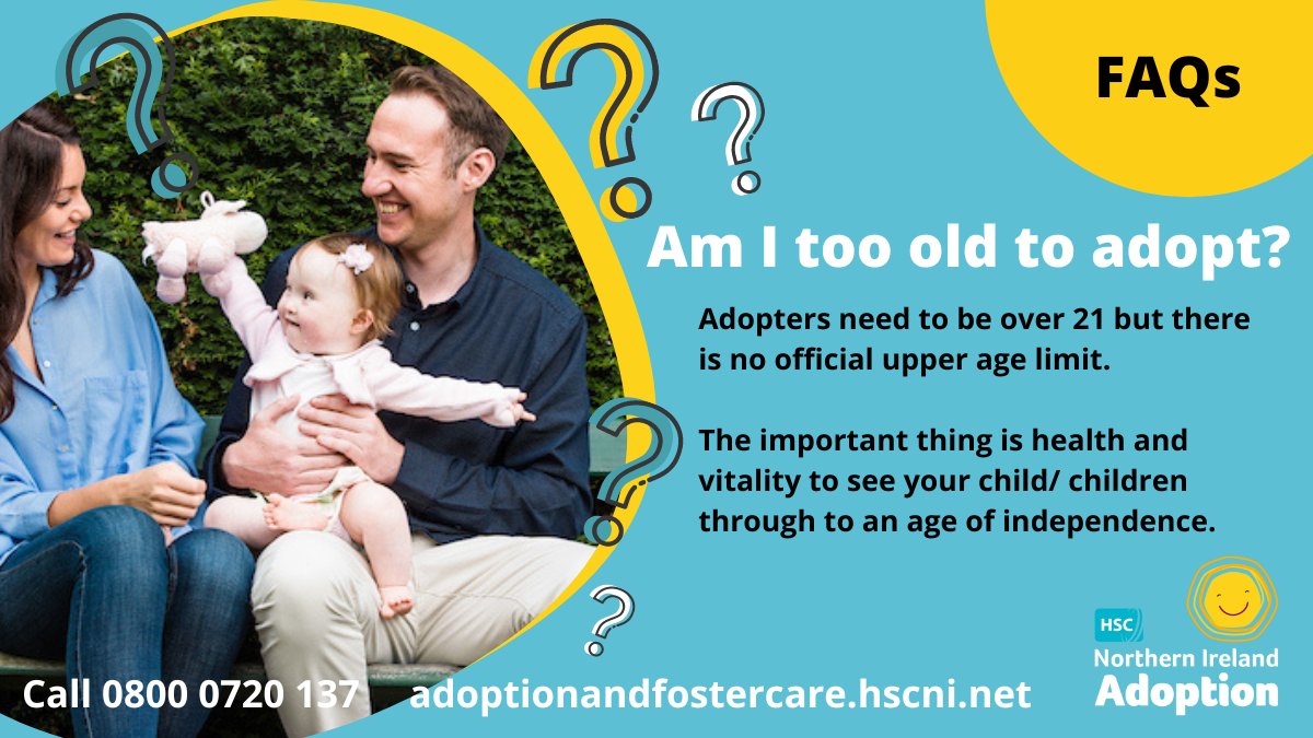 Am I too old to adopt?
Adopters need to be over 21 but there is no official upper age limit.

The important thing is health and vitality to see your child through to an age of independence.

More adoption FAQS:👇
adoptionandfostercare.hscni.net/adoption/frequ…

#HSCNIAdoption #AdoptionChangesLives