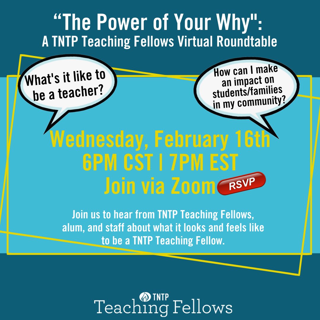 RSVP bit.ly/32TbmAl for our virtual roundtable discussion where TNTP Teaching Fellows, alum, &amp; staff will be discussing their journey into education and how their "why" empowers their craft.

#rsvp 
#roundtable 
#becomeateacher 
#teachNOLA 
#indyfellows
#myBCTR