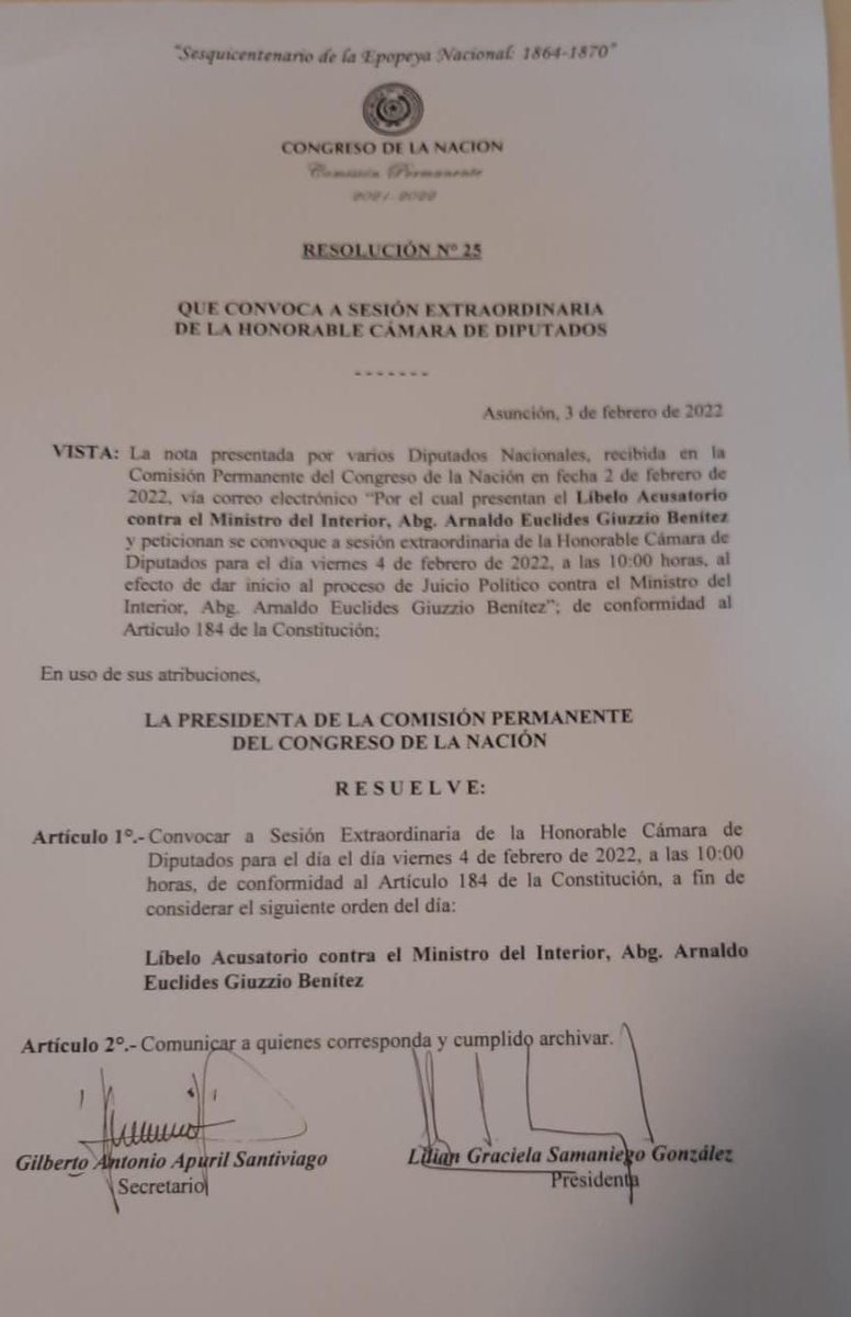 AllianaPedro's tweet image. Convocatoria a sesión extraordinaria en @DiputadosPy para consideración del Líbelo Acusatorio contra el Ministro del Interior Arnaldo Giuzzio.