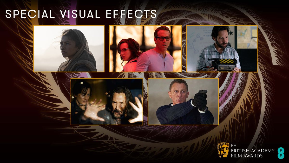 Our Special Visual Effects nominees 🎇

🎞️ DUNE 
🎞️ FREE GUY 
🎞️ GHOSTBUSTERS: AFTERLIFE 
🎞️ THE MATRIX RESURRECTIONS 
🎞️ NO TIME TO DIE 

#EEBAFTAs