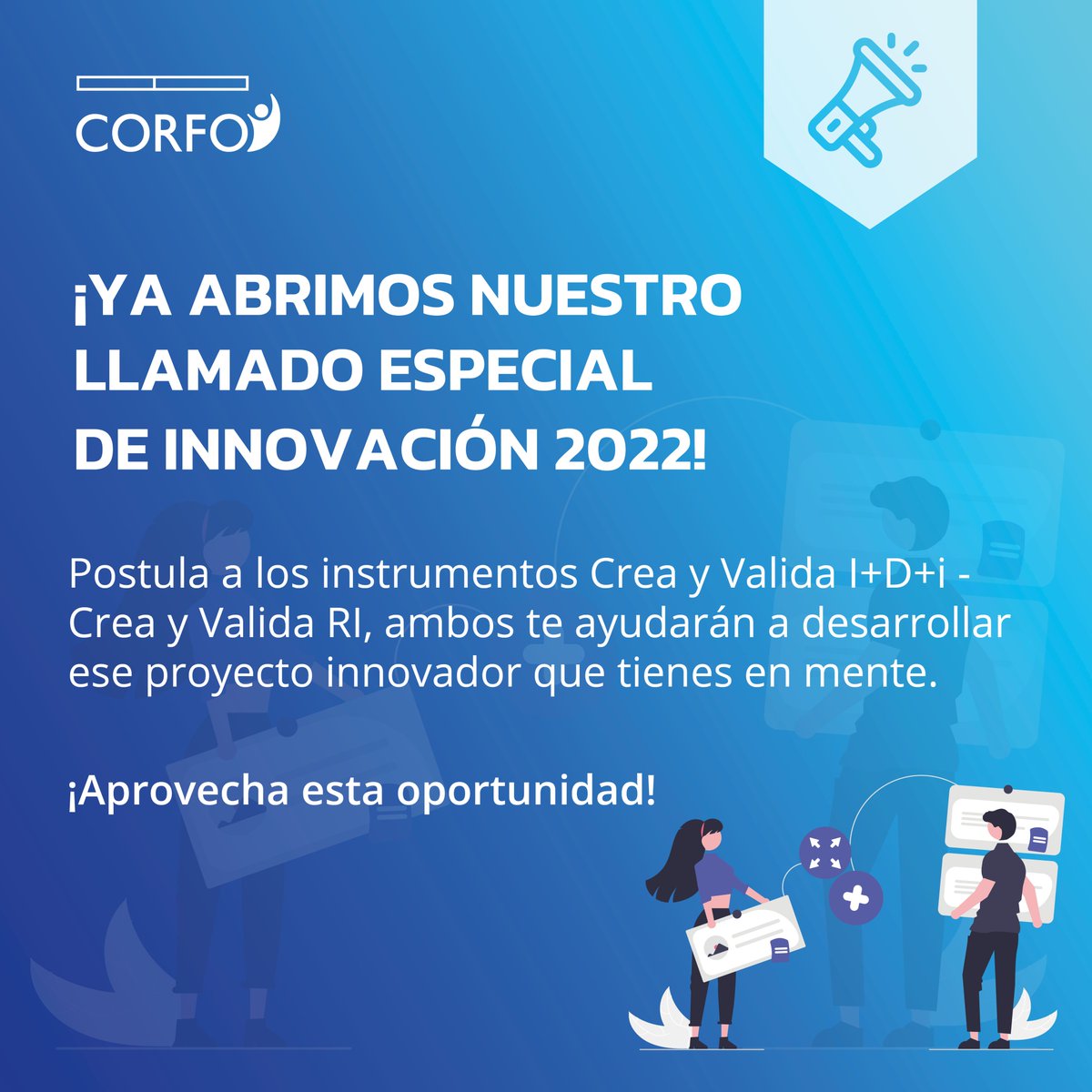 ¿Quieres desarrollar tu innovación? Revisa la nueva convocatoria de Crea y Valida Reactívate de <a href="/Corfo/">Corfo</a>
✅Crea y Valida I+D+I Reactívate                                 ➡️ bit.ly/3L6Z6O0 
✅Crea y Valida Rápida Implementación                     ➡️ bit.ly/3gjLJM7