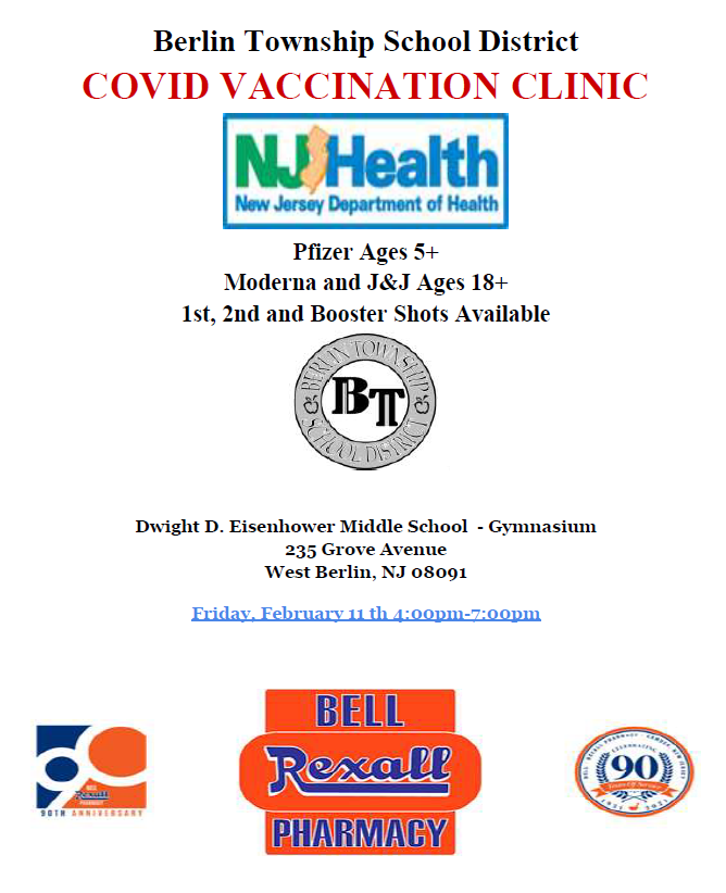 Berlin Township School District Covid Vaccination Clinic.  Friday February 11th 4pm - 7pm.