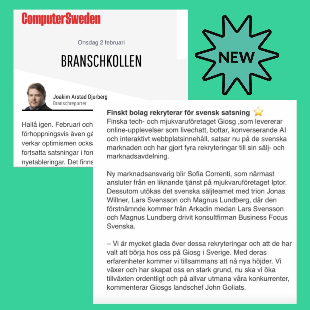 giosgCom's tweet photo. Today we read the news about giosg expansion on the Swedish market in 2022 - in the tech-industry newsletter Branschkollen by Computer Sweden 🥳
#computersweden #news #giosg #expansion #growth #recruitments #marketing #sales #tech https://t.co/1qcjxvkxBR