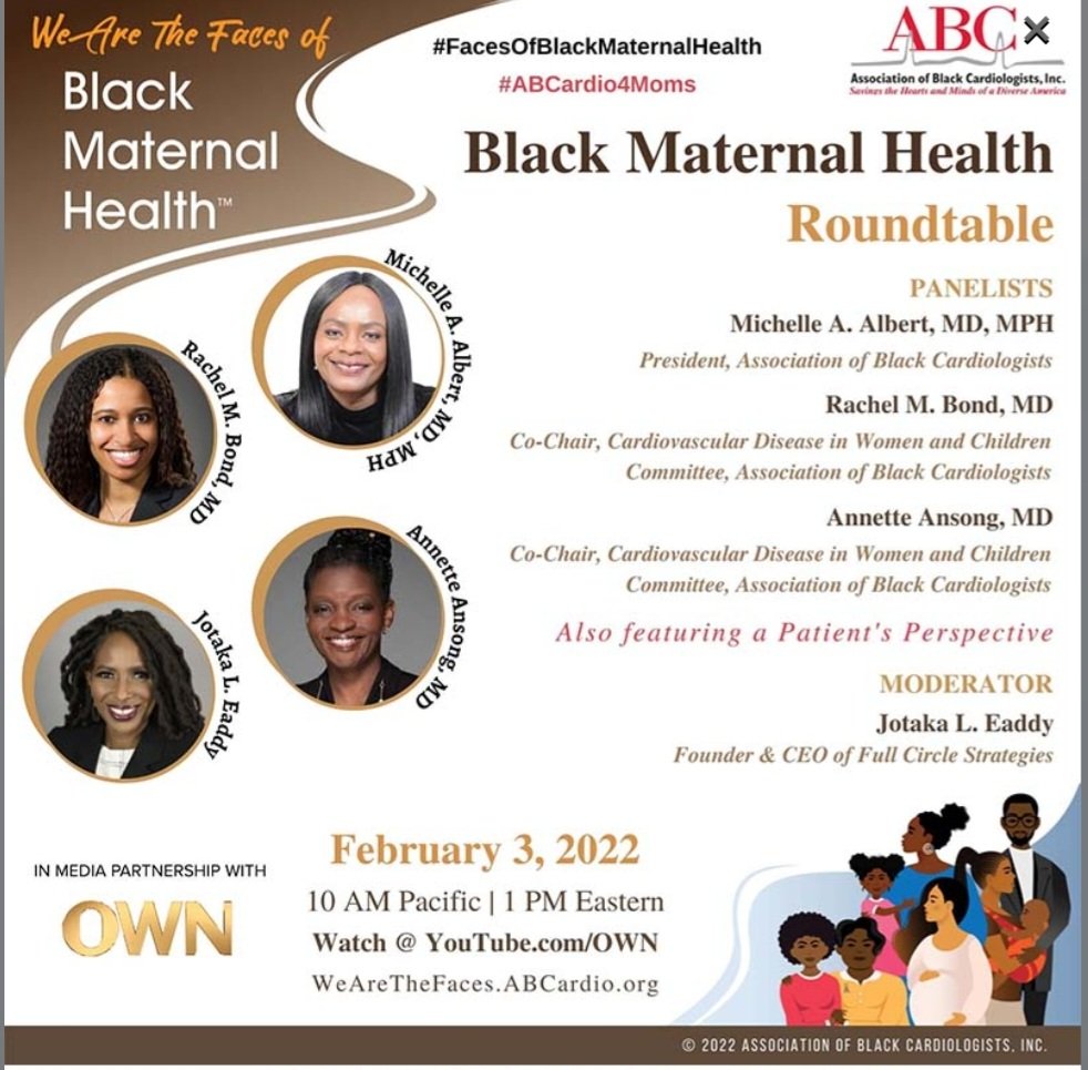 February is #BlackHistoryMonth  This year's theme is Black Health & Wellness. Check out the Black Maternal Health Roundtable today sponsored by the Assoc. Of Black Cardiologists @ABCardio1 #FacesOfBlackMaternalHealth
#ABCardio4moms 
#BlackHistoryISAmericanHistory
@American_Heart