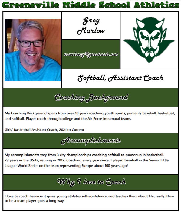 GMS Athletics.
Happy to announce, Greg Marlow as the new GMS Lady Devils Softball Assistant Coach.
Go Devils!
@gms_tn <a href="/racheladamstn/">Dr. Rachel Adams</a> <a href="/CdotsonDotson/">Courtney Dotson</a>