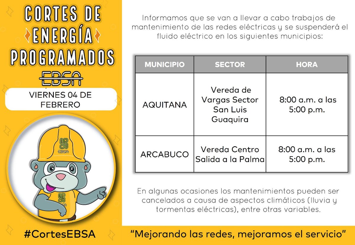 EBSApuraenergia's tweet photo. 🕯 #CortesEBSA ǁ Entérate de las suspensiones programadas por mantenimiento e instalación de redes #Viernes 04 de Febrero #Prográmate 🔦Infórmate: https://t.co/G3casHyVVl https://t.co/A3fyxU8rGe