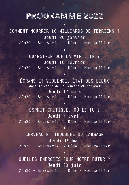 #Bardessciences Prochain Bar des sciences le 10 fév à 20h30 à la brasserie le Dôme sur le thème "Qu'est-ce que la virilité ?" Pour débattre de ce sujet sciences et société, une palette d’experts pluridisciplinaires répondra en direct aux questions du public !
