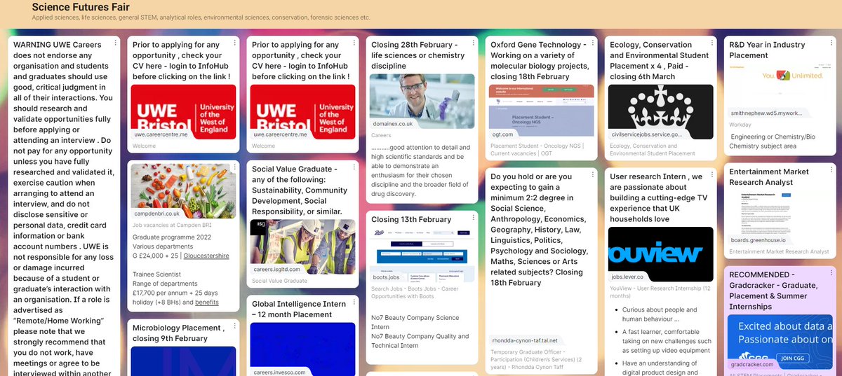 🤩Take a look at the spectacular Wall of Work for students attending the Virtual Science Futures fair next week! 

It includes hundreds of live opportunities for students and soon-to-be graduates: go.uwe.ac.uk/ScienceFutures…

#STEM #Sciencejobs #graduatejobs  #ScienceFutures